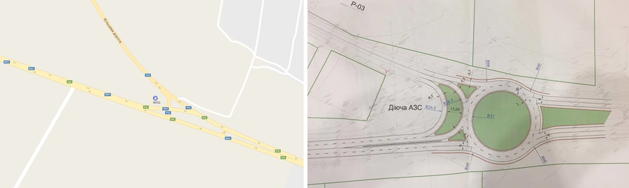 Существующая схема (скриншот Google Maps) и план реконструкции перекрестка. М-03/Е 95