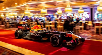 Sergio Perez drives Red Bull F1 car through casino and on dirt in Las Vegas