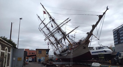 The 112-year-old tall ship, Bark Europa, toppled over during maintenance in a drydock