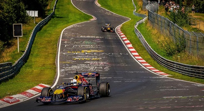 Sebastian Vettel drives an e-fuel Formula 1 car on the Nürburgring track