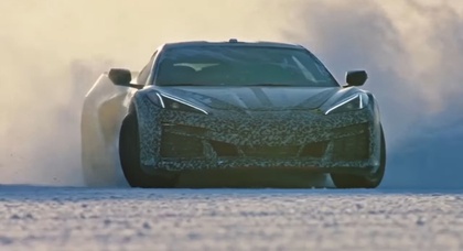 2024 Chevrolet Corvette E-Ray go four-wheel drifting in the snow