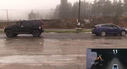 Перетягивание каната — Tesla Model X против Hummer H2