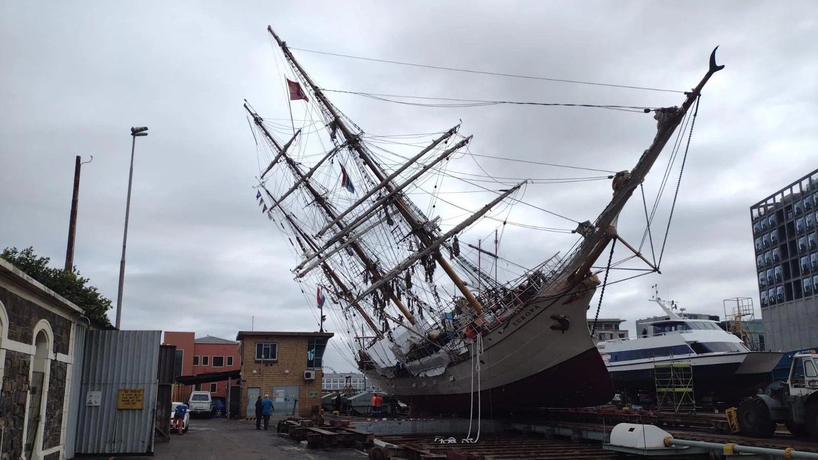 The 112-year-old tall ship, Bark Europa, toppled over during maintenance in a drydock